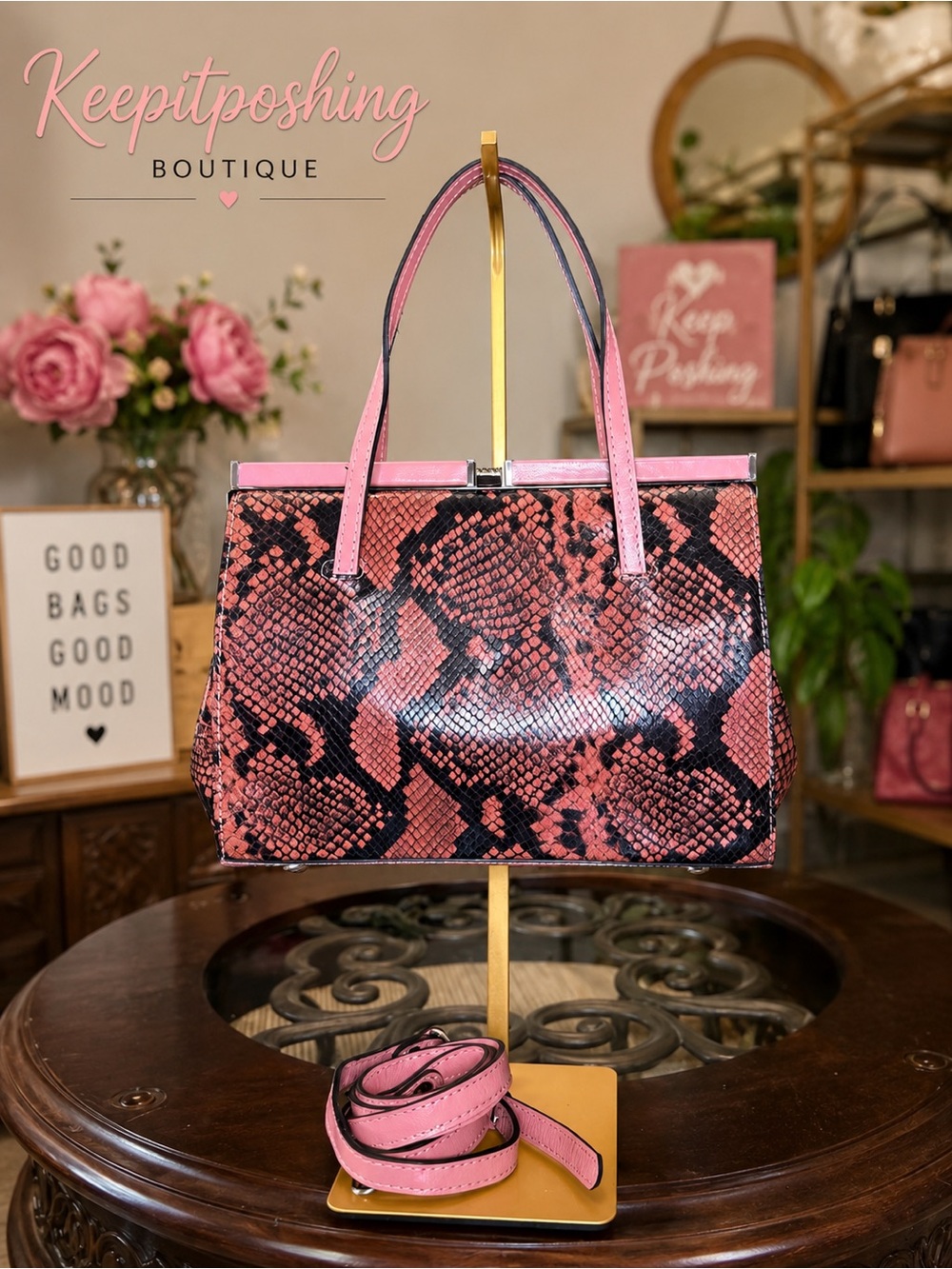 Patricia Nash Pink and Black Snakeskin-Print Top-Handle Satchel